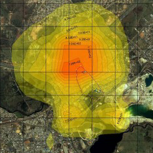 Mapa digital gerado por sistema SIG exibindo a cartografia de riscos com raios de vulnerabilidade e dispersão atmosférica em cores diferentes.